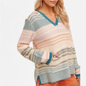 Hem & Thread Pastel Striped V-Neck Hoodie Sweater